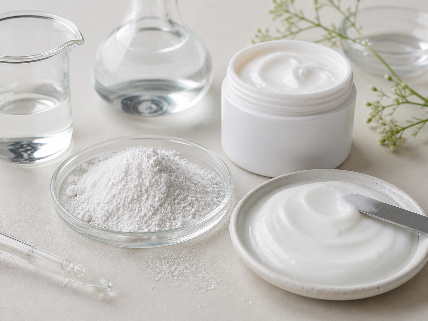 Allantoin 원료와 화장품 제형을 보여주는 실험실 이미지