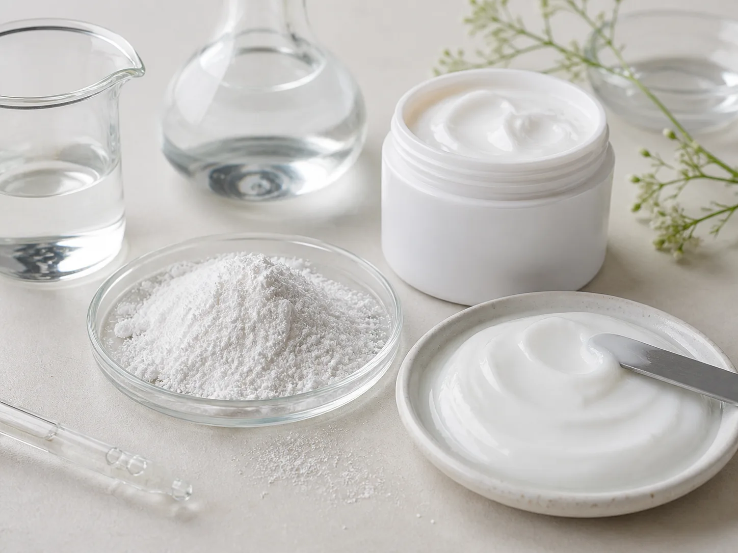 Allantoin 원료와 화장품 제형 질감을 보여주는 이미지