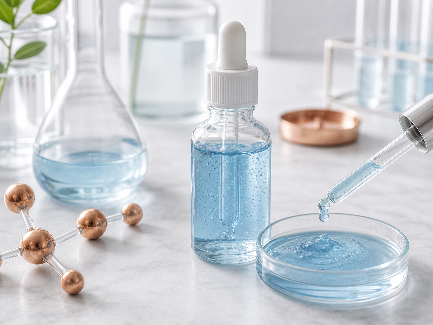 Copper Peptide 원료와 화장품 제형을 보여주는 실험실 이미지
