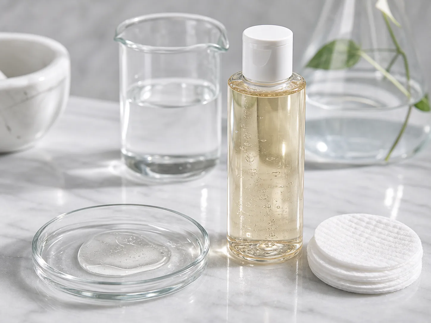 Glycolic Acid 원료와 화장품 제형 질감을 보여주는 이미지