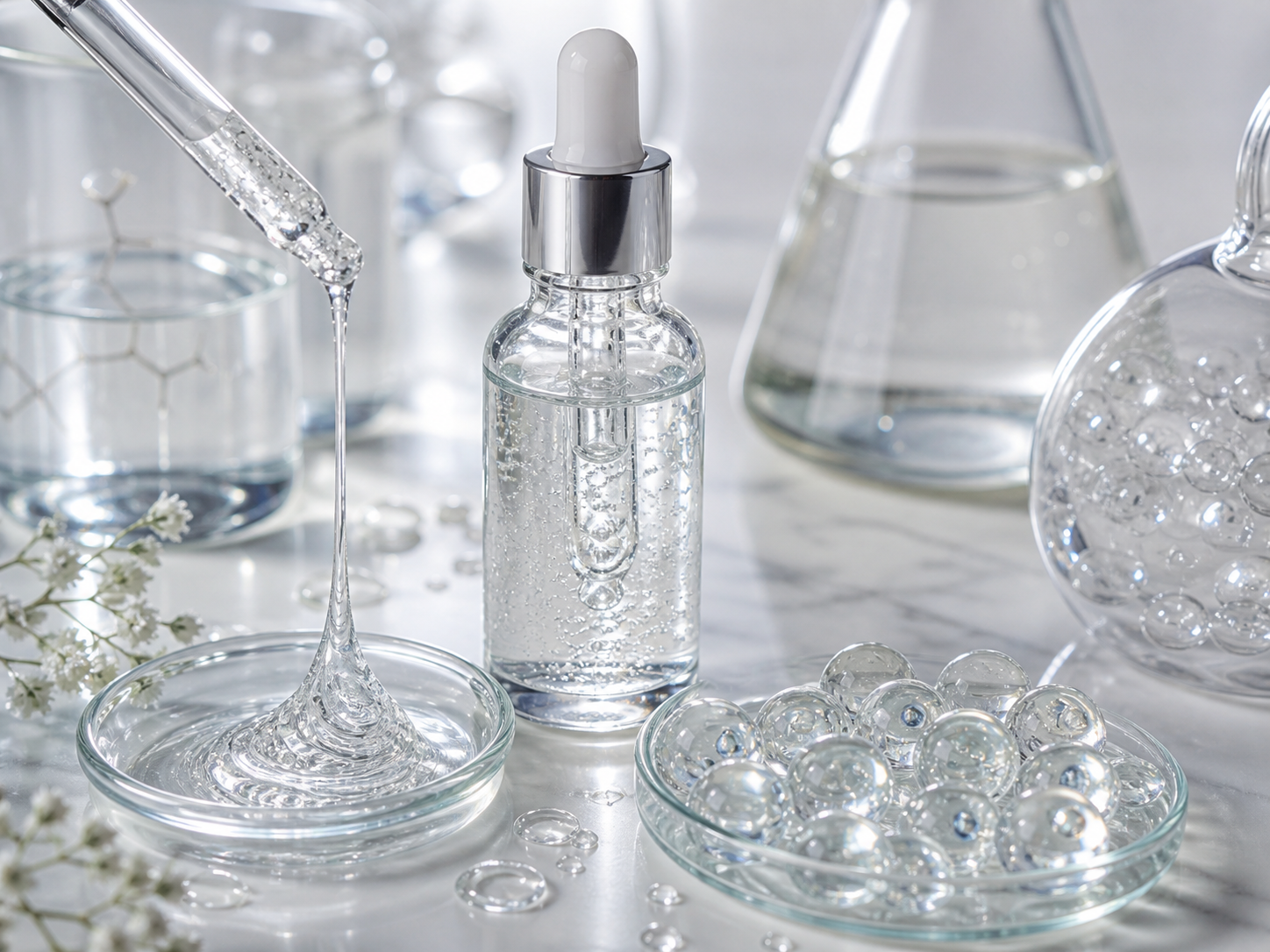Hyaluronic Acid raw cosmetic material with formulation textures