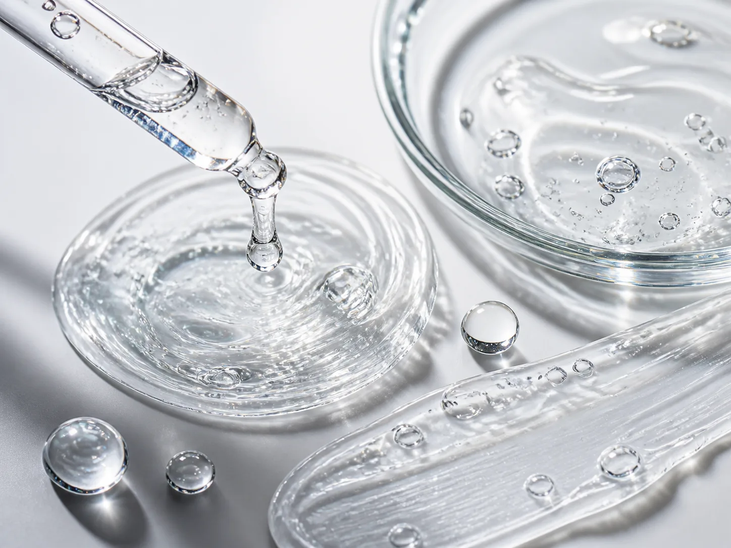 Hyaluronic Acid raw cosmetic material with formulation textures
