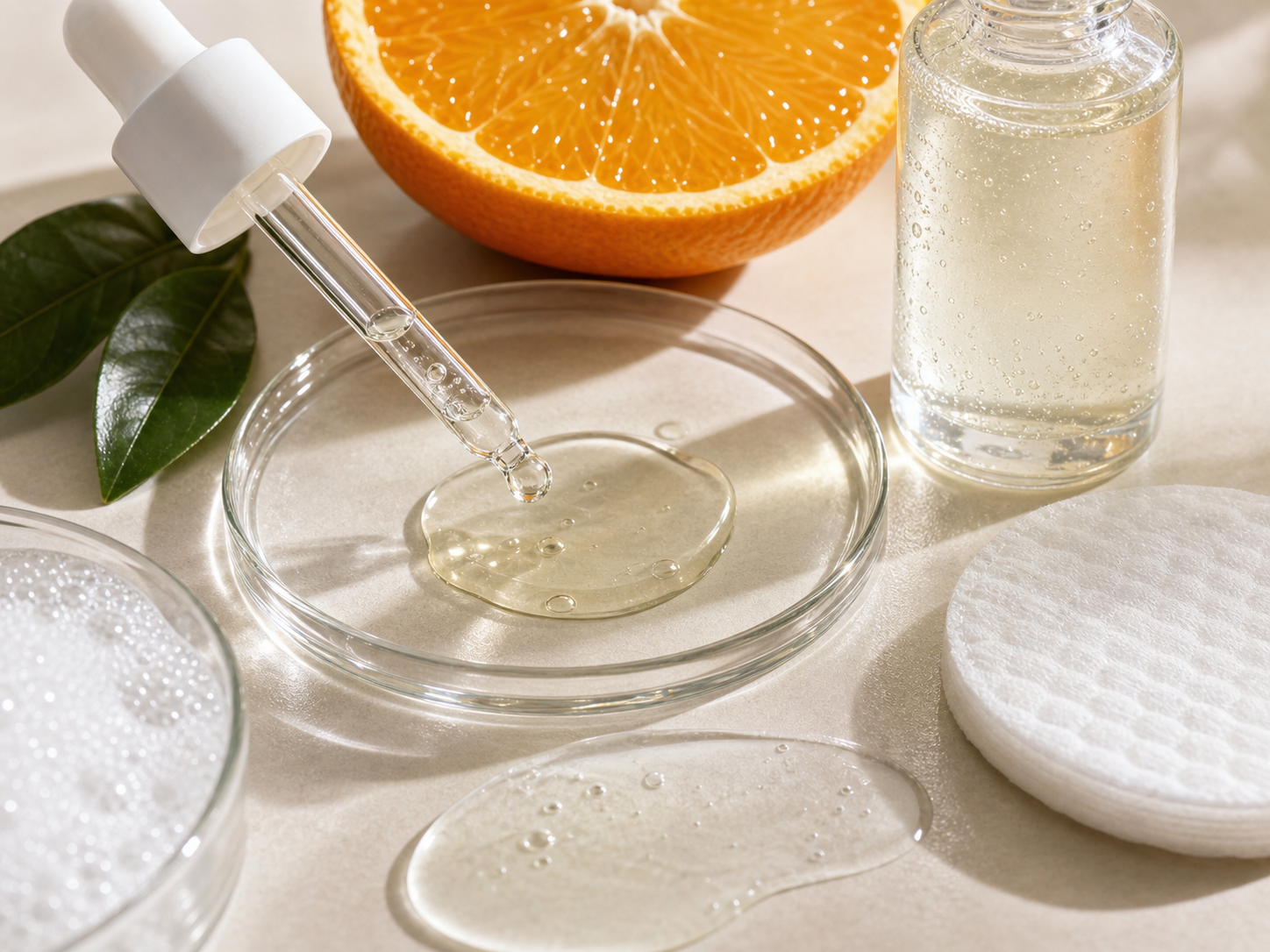 Ascorbic Acid 원료와 화장품 제형 질감을 보여주는 이미지