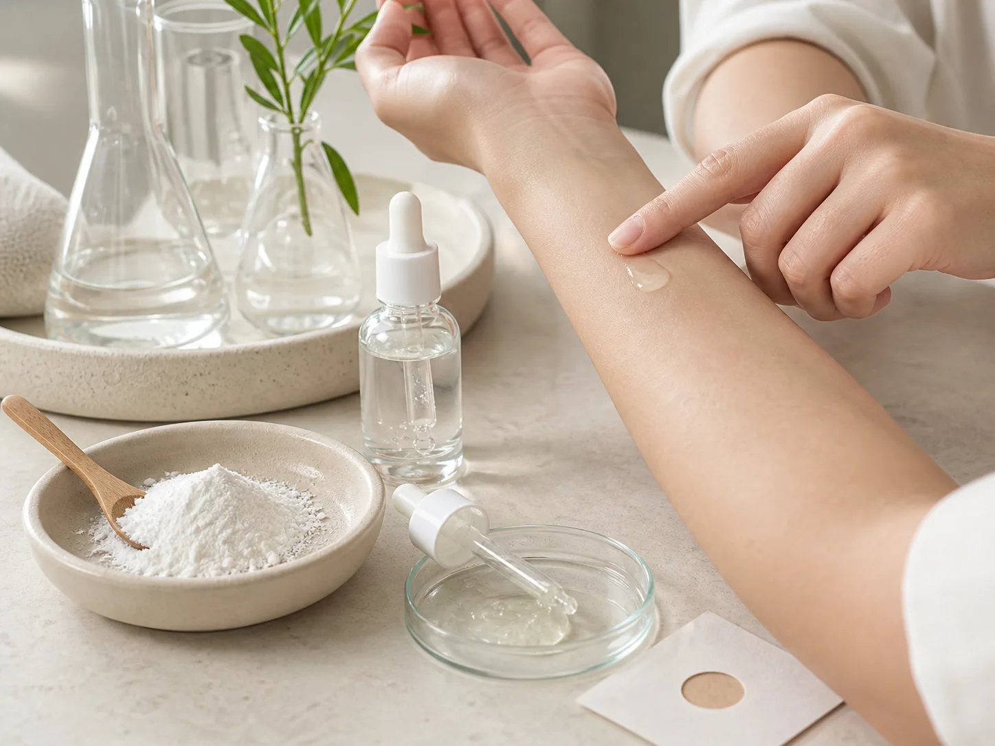 Azelaic Acid 원료와 화장품 제형 질감을 보여주는 이미지