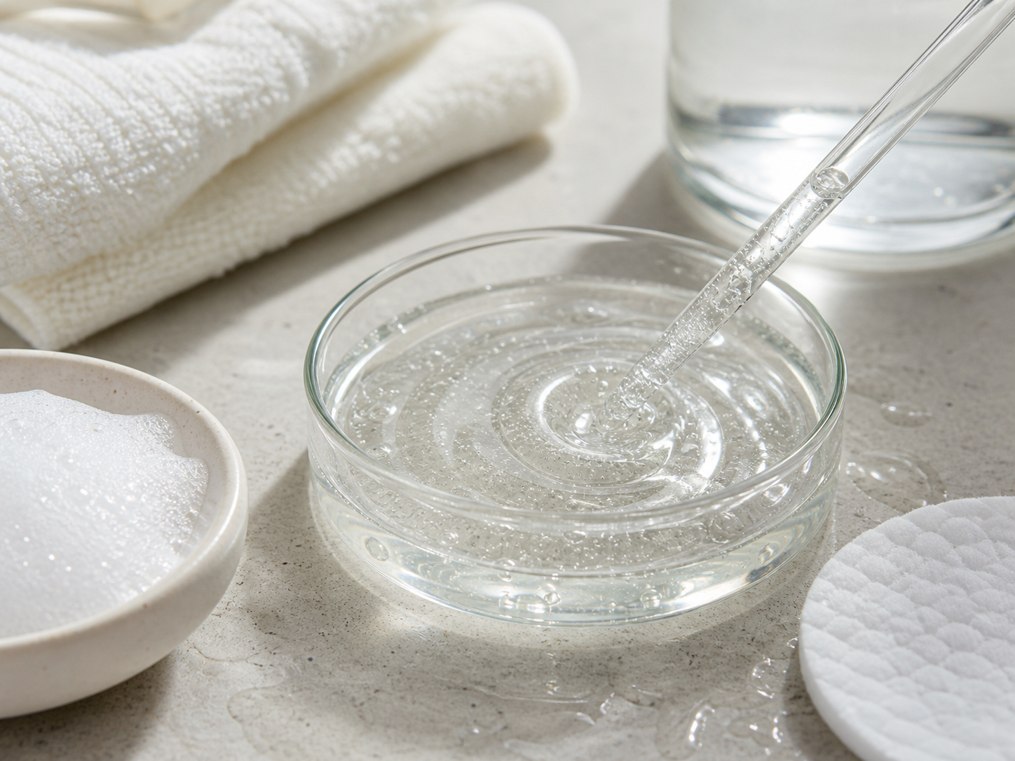Capryloyl Salicylic Acid 원료와 화장품 제형 질감을 보여주는 이미지