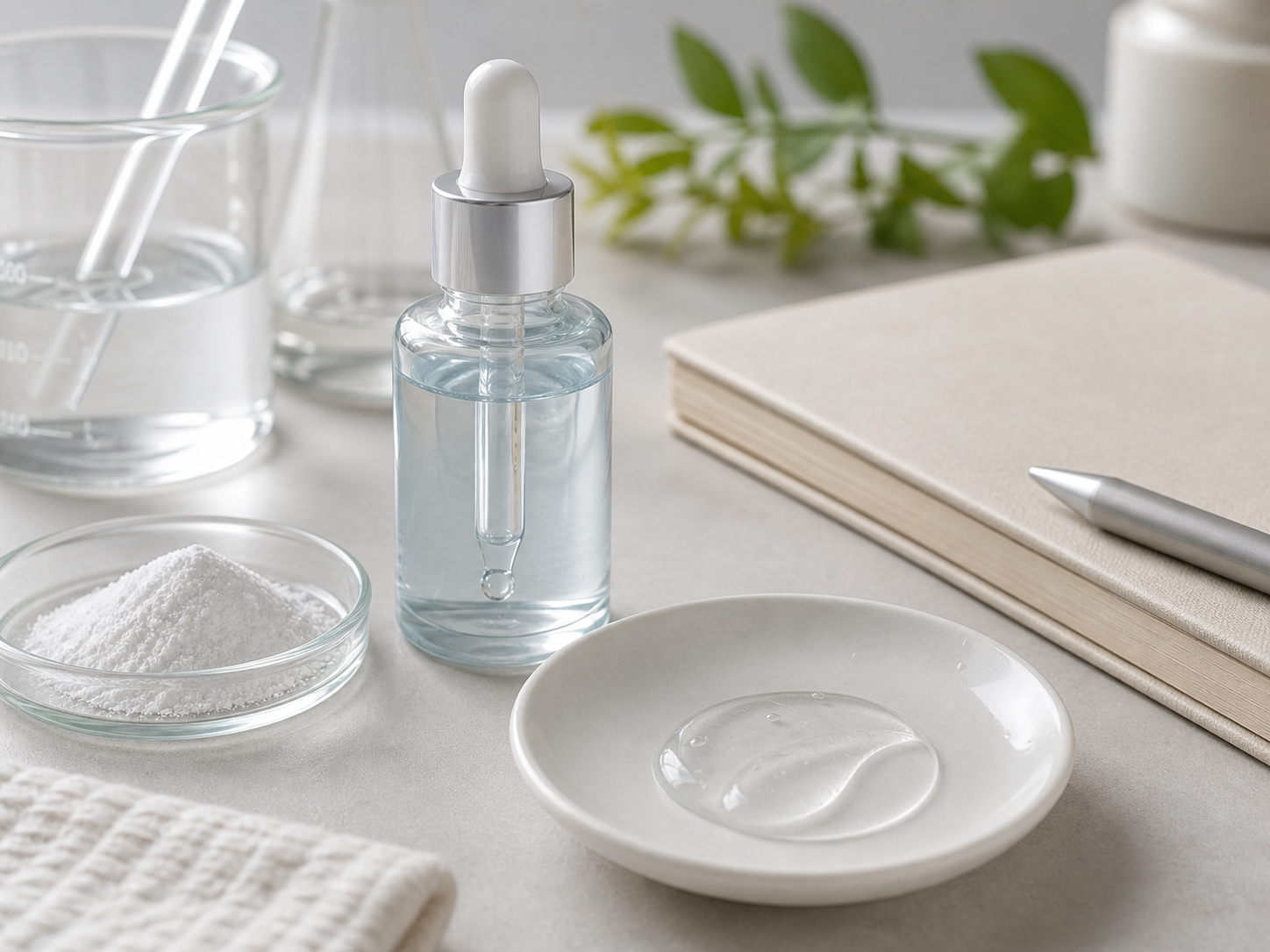 Niacinamide 원료와 화장품 제형을 보여주는 실험실 이미지