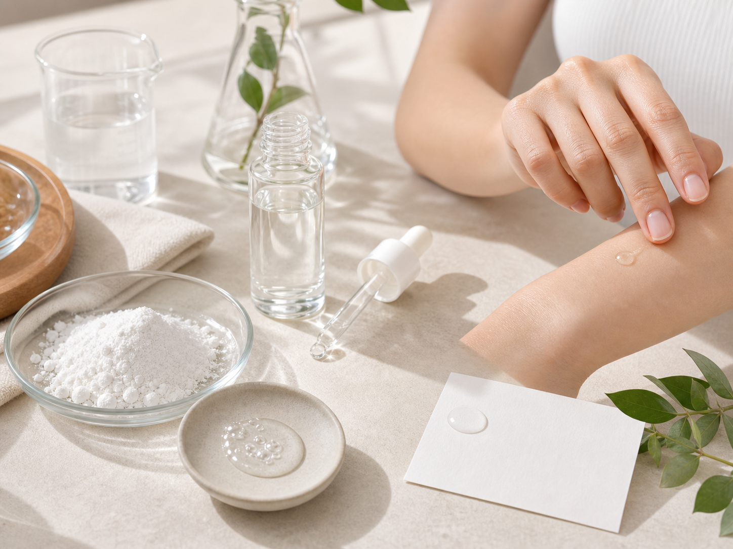 Niacinamide 원료와 화장품 제형 질감을 보여주는 이미지
