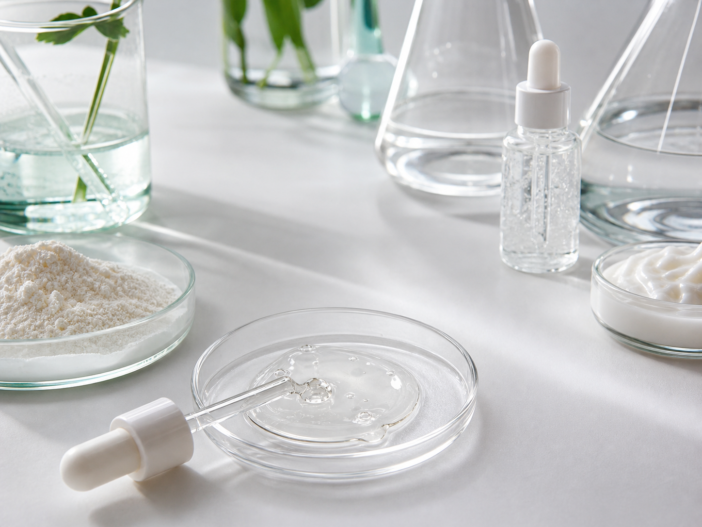 Peptides 원료와 화장품 제형을 보여주는 실험실 이미지