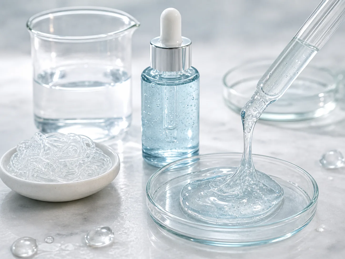 Polyglutamic Acid 원료와 화장품 제형 질감을 보여주는 이미지