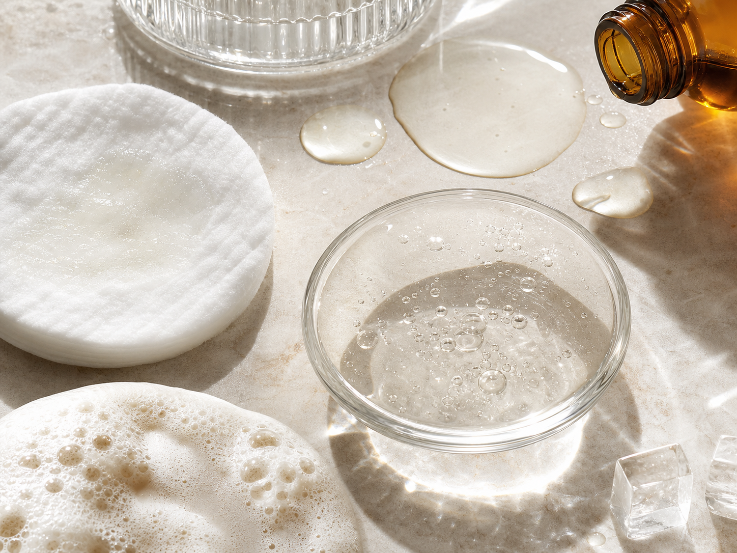 Ascorbic Acid 원료와 화장품 제형 질감을 보여주는 이미지