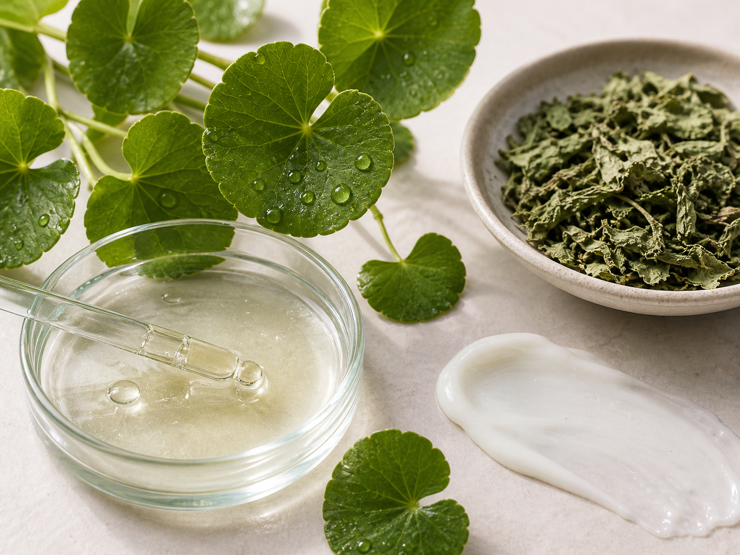 Centella Asiatica Extract 원료와 화장품 제형 질감을 보여주는 이미지
