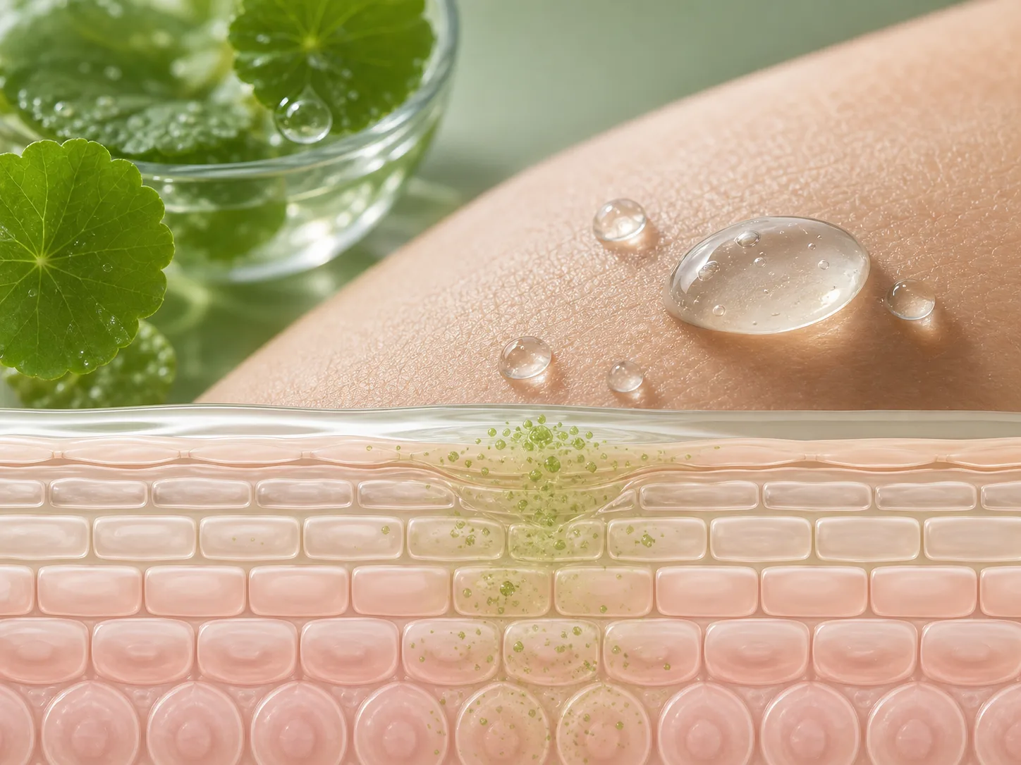 Centella Asiatica Extract와 피부층 흡수 및 장벽 맥락을 설명하는 이미지