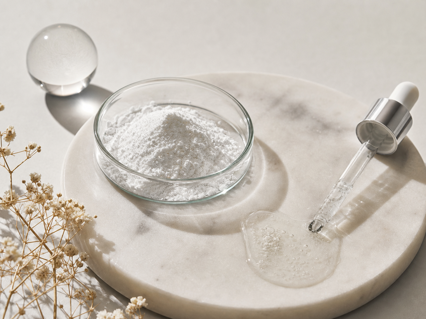 Glutathione 원료와 화장품 제형 질감을 보여주는 이미지