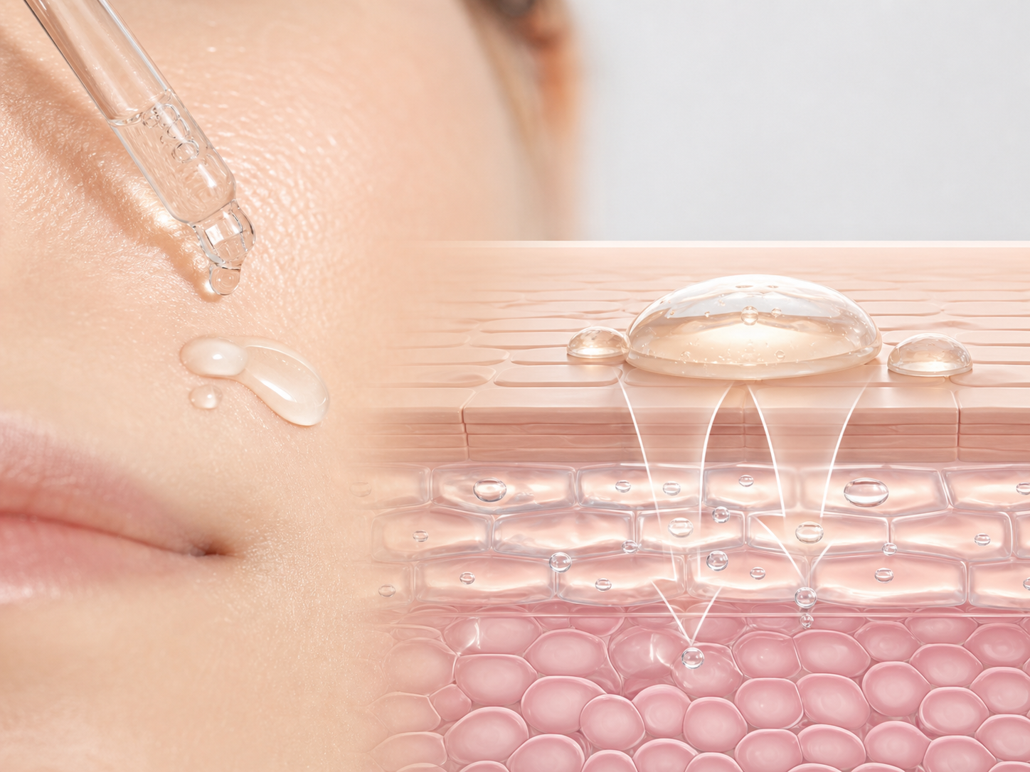 Glutathione와 피부층 흡수 및 장벽 맥락을 설명하는 이미지