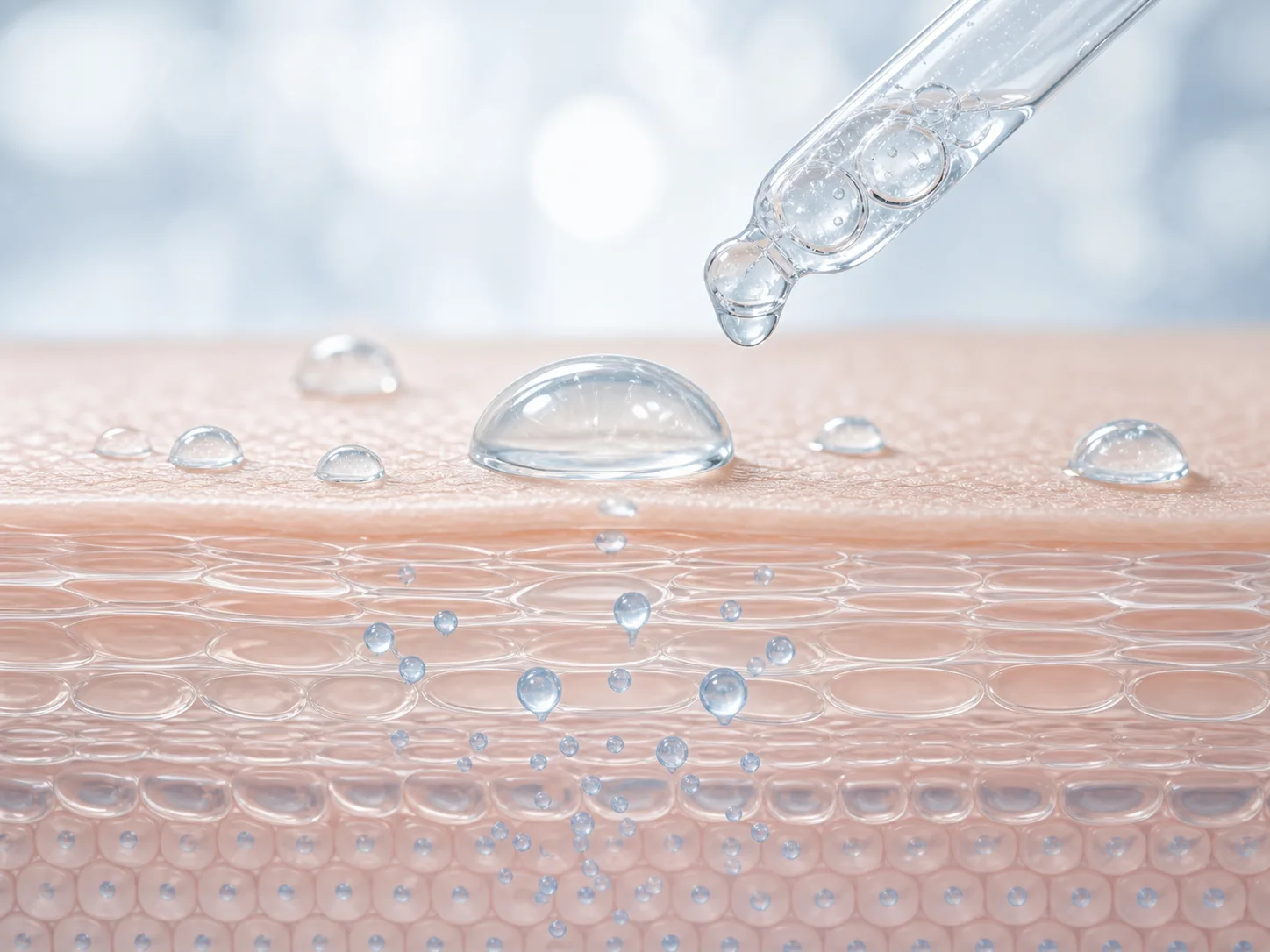 Hyaluronic Acid와 피부층 흡수 및 장벽 맥락을 설명하는 이미지