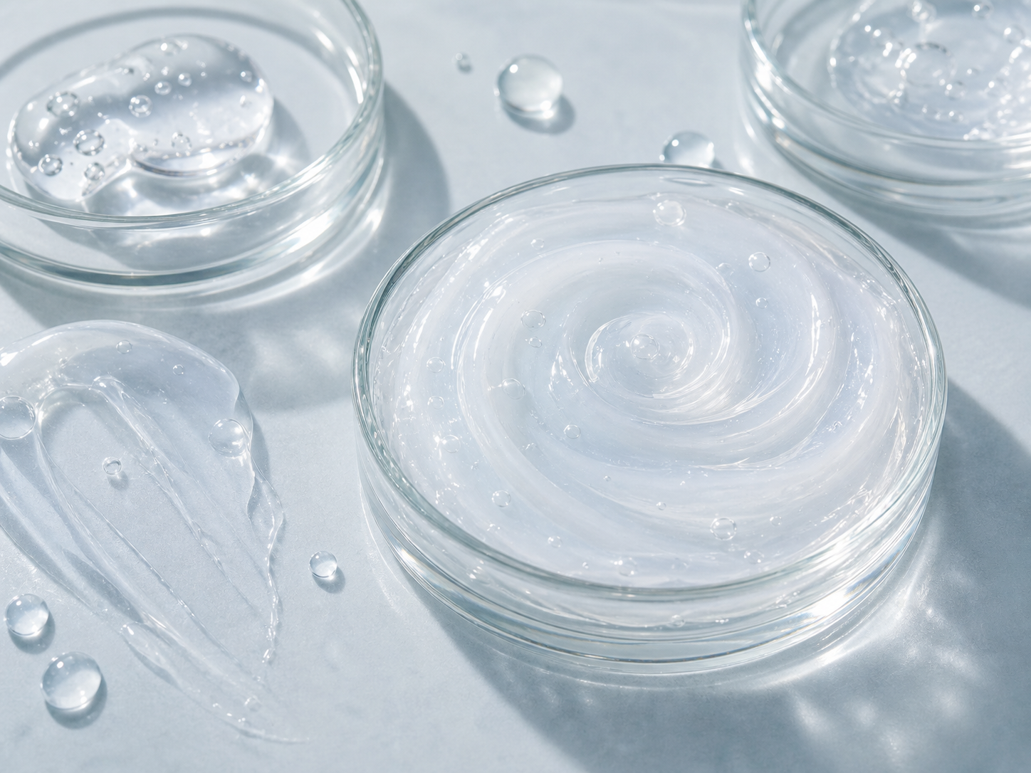 Hyaluronic Acid 원료와 화장품 제형 질감을 보여주는 이미지