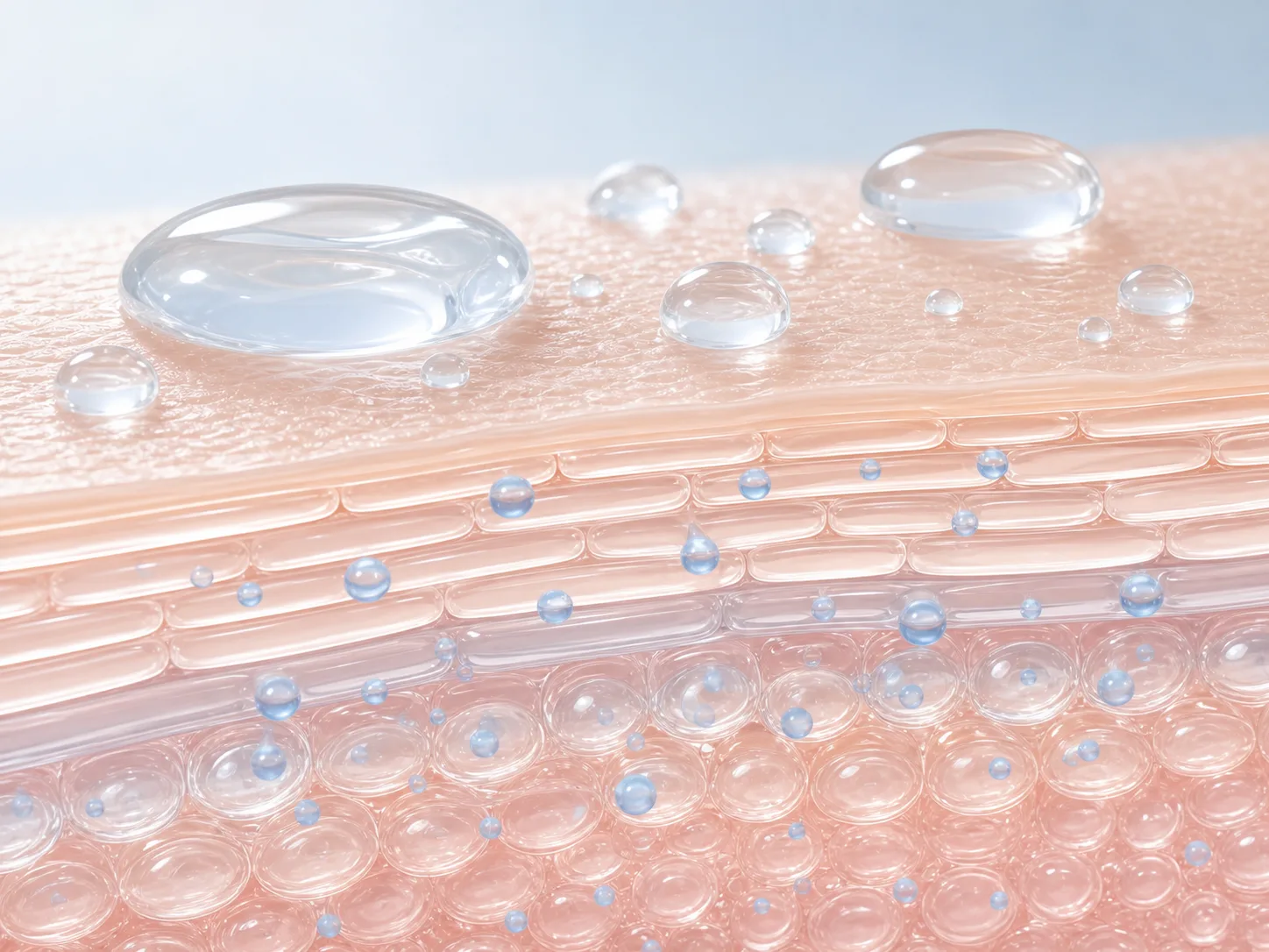 Hyaluronic Acid와 피부층 흡수 및 장벽 맥락을 설명하는 이미지