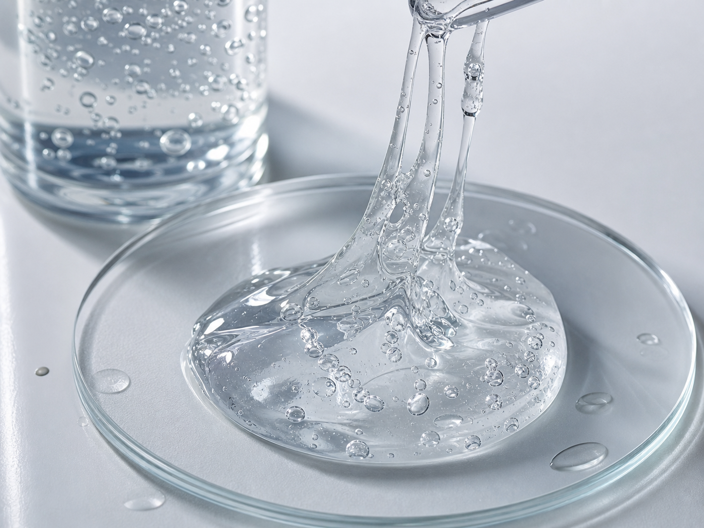 Hyaluronic Acid 원료와 화장품 제형 질감을 보여주는 이미지