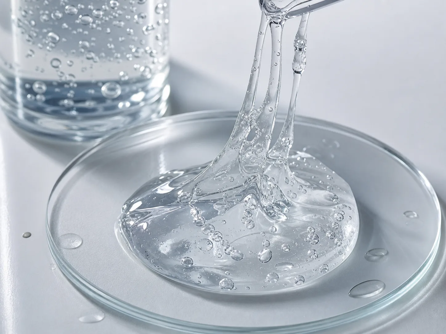 Hyaluronic Acid raw cosmetic material with formulation textures