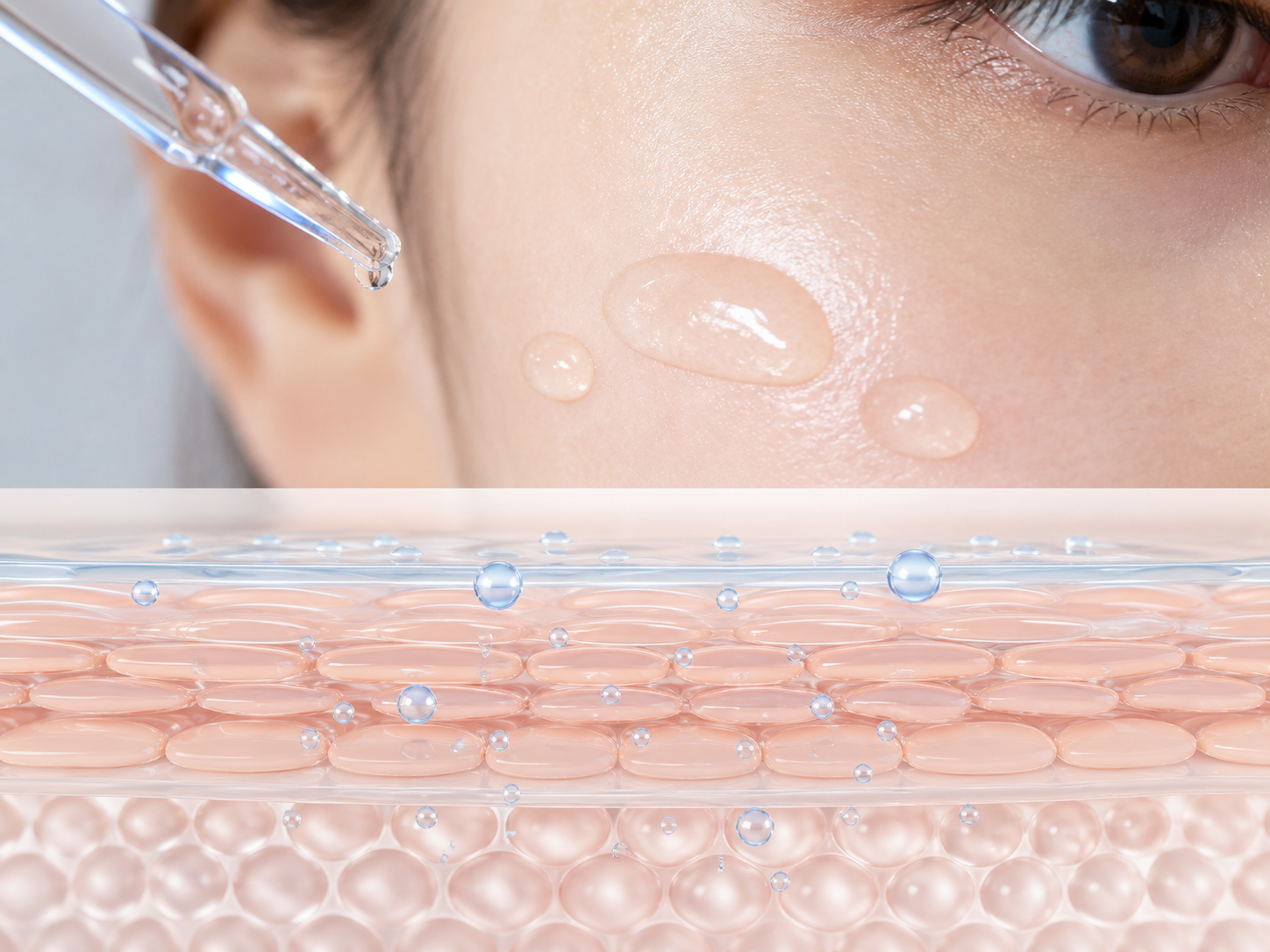 Hyaluronic Acid와 피부층 흡수 및 장벽 맥락을 설명하는 이미지