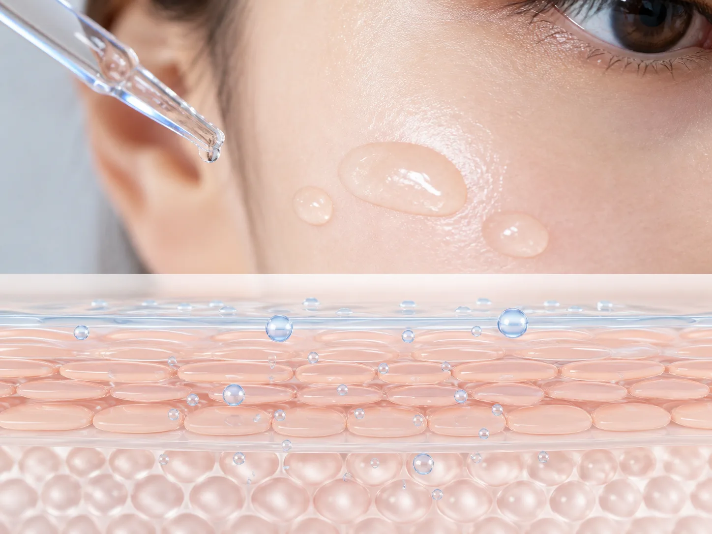 Hyaluronic Acid와 피부층 흡수 및 장벽 맥락을 설명하는 이미지