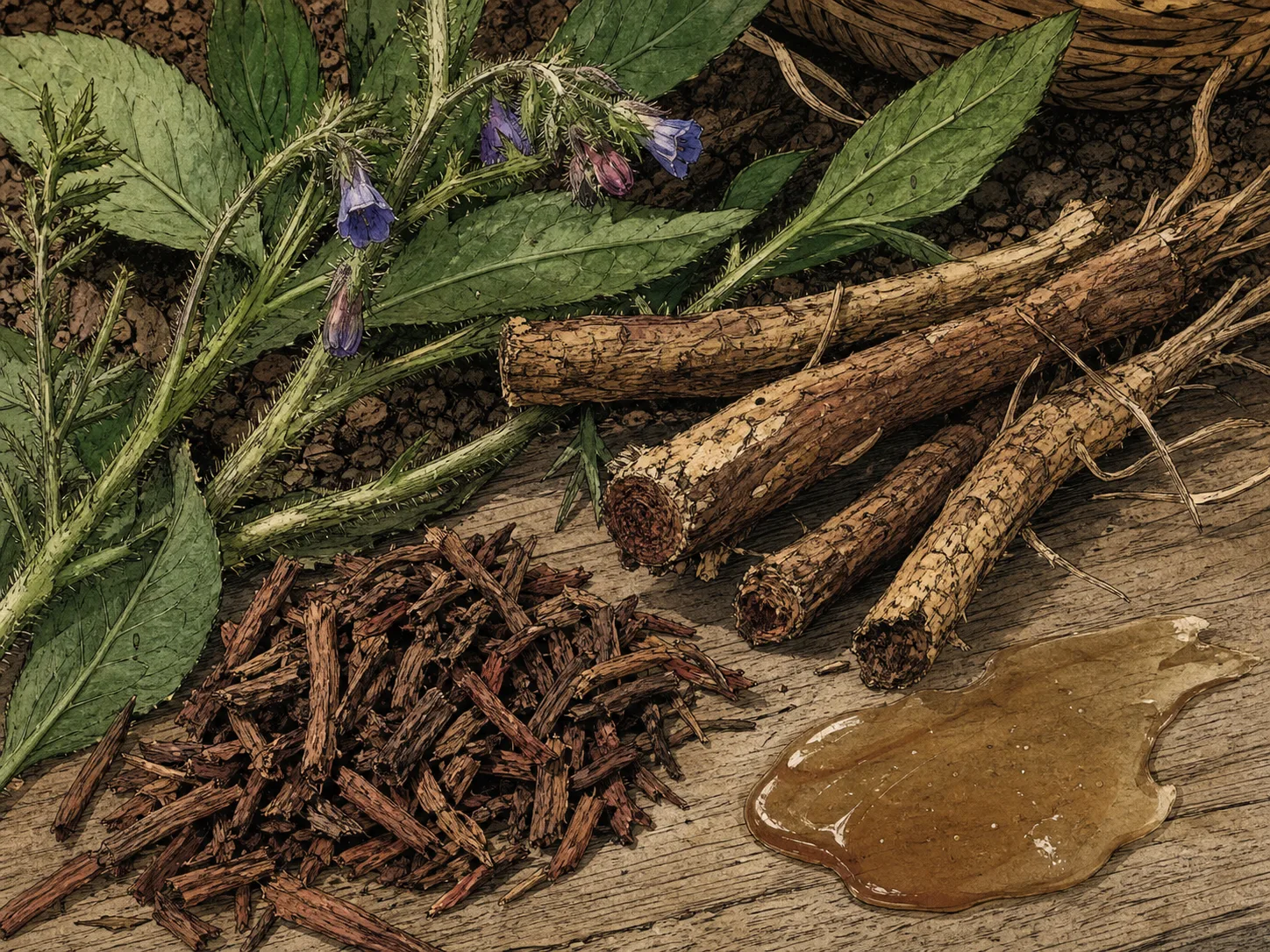 Alkanna Tinctoria Root Extract 원료와 화장품 제형 질감을 보여주는 이미지