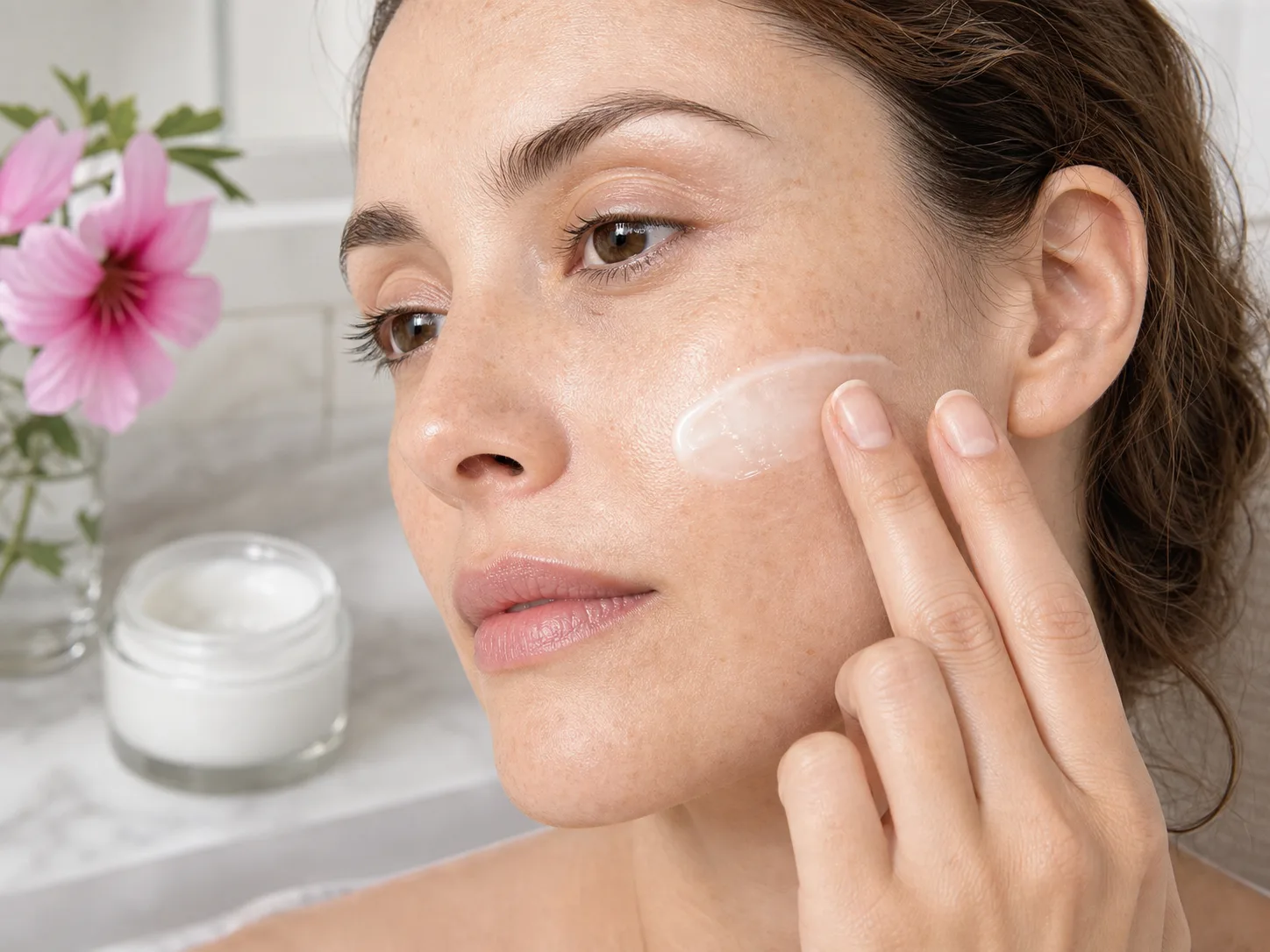Althaea Rosea Flower Extract product texture being applied to skin