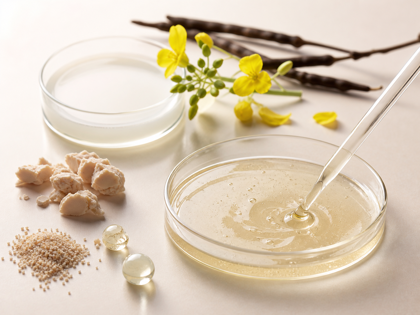Candida Bombicola/Glucose/Methyl Rapeseedate Ferment 원료와 화장품 제형 질감을 보여주는 이미지