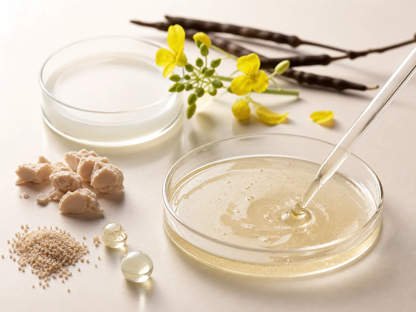 Candida Bombicola/Glucose/Methyl Rapeseedate Ferment 원료와 화장품 제형 질감을 보여주는 이미지