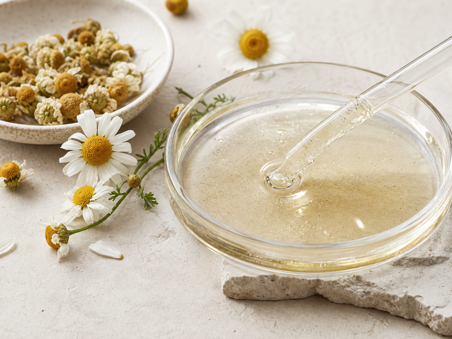 Chamomilla Recutita (Matricaria) Extract raw cosmetic material with formulation textures