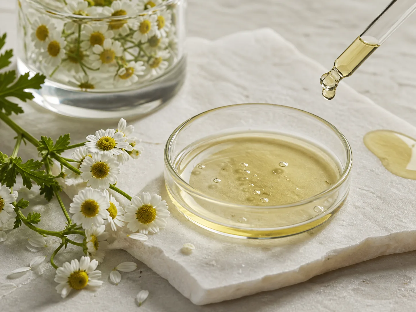 Chrysanthemum Parthenium (Feverfew) Extract 원료와 화장품 제형 질감을 보여주는 이미지
