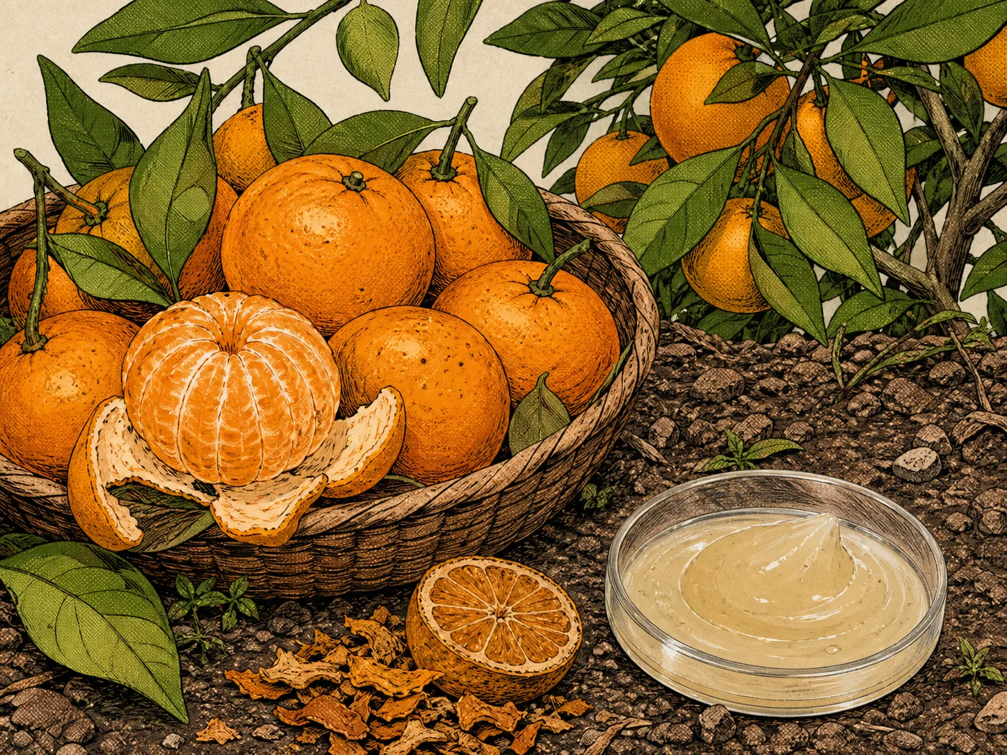 Citrus Tangerina (Tangerine) Extract 원료와 화장품 제형 질감을 보여주는 이미지