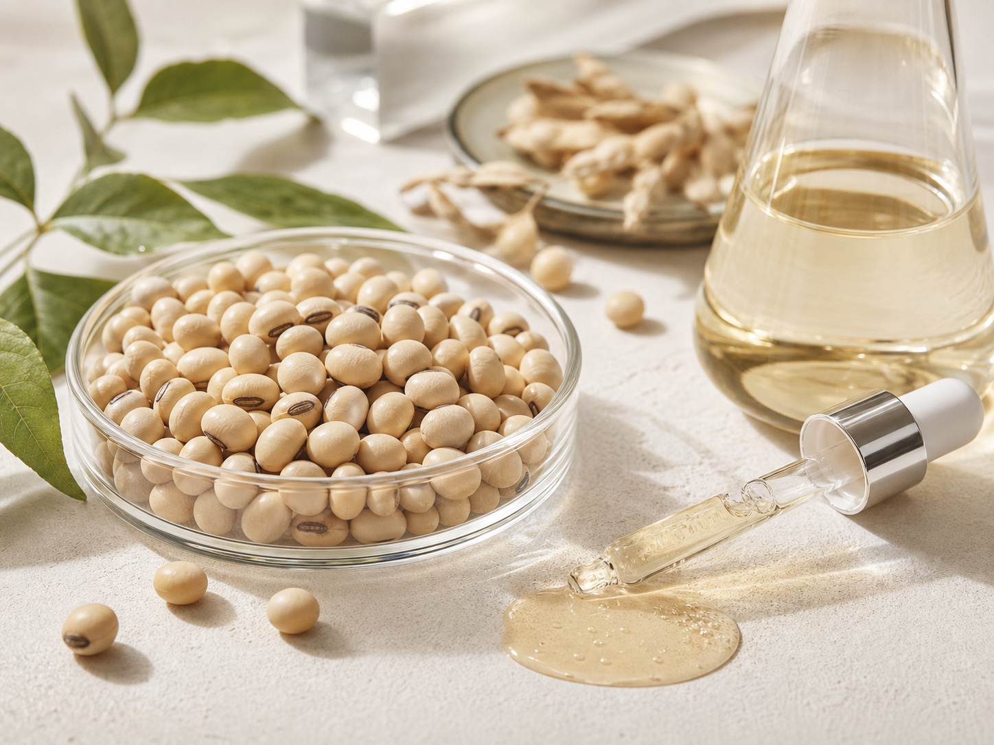 Glycine Soja (Soybean) Seed Extract 원료와 화장품 제형 질감을 보여주는 이미지