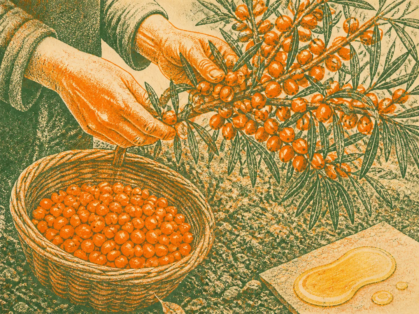 Hippophae Rhamnoides Fruit Oil 원료와 화장품 제형 질감을 보여주는 이미지