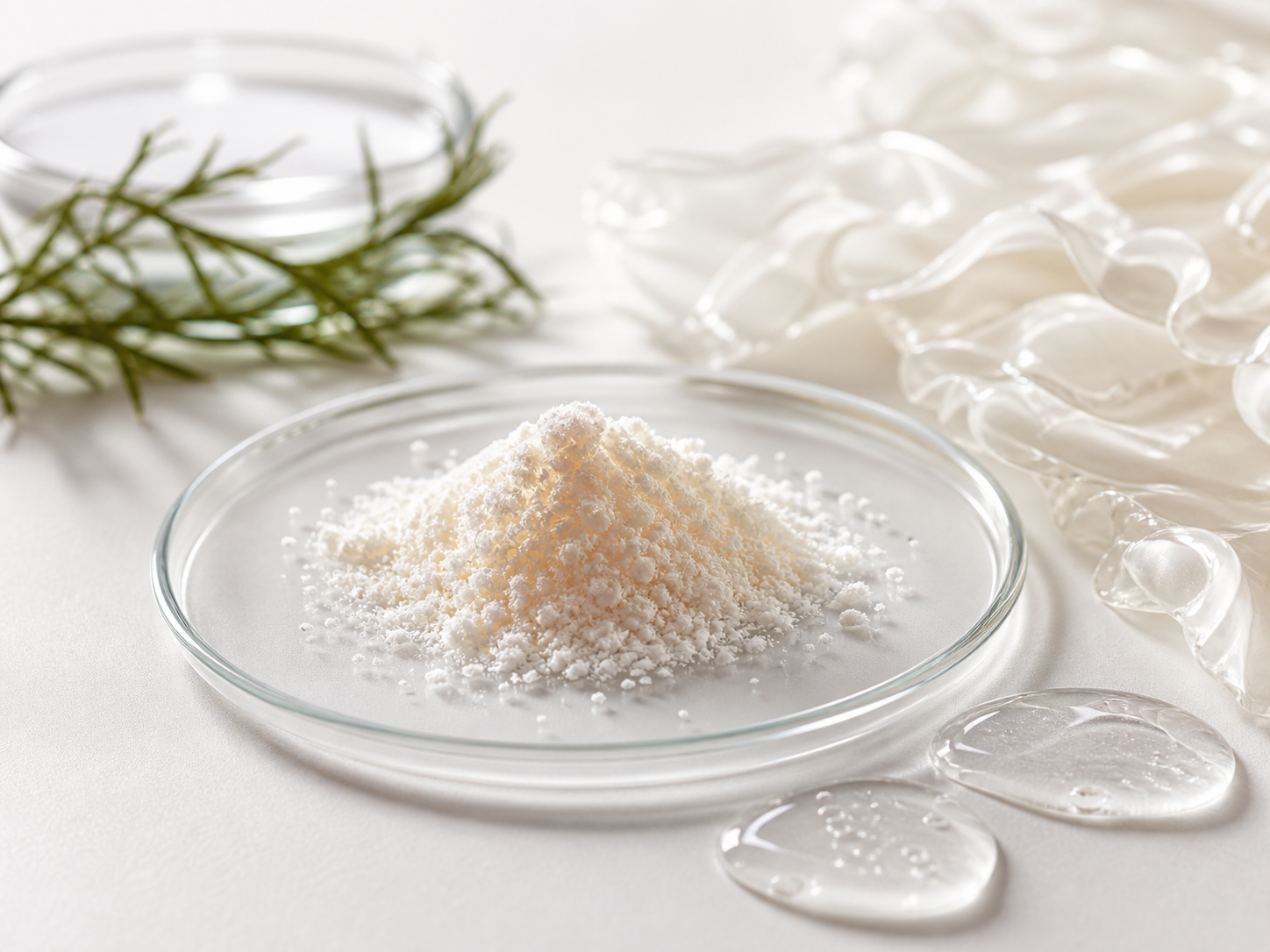 Hydrolyzed Glycosaminoglycans 원료와 화장품 제형 질감을 보여주는 이미지