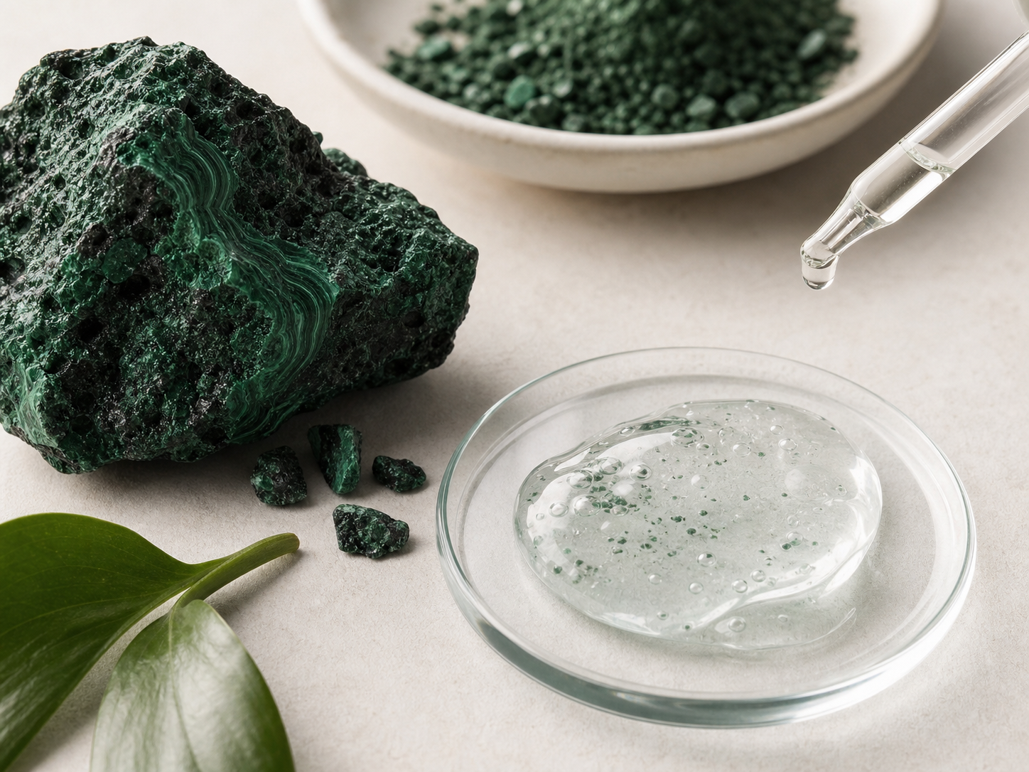 Malachite Extract raw cosmetic material with formulation textures