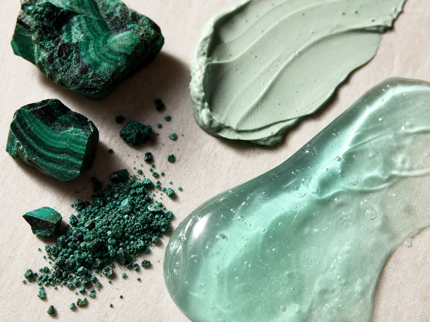 Malachite Extract raw cosmetic material with formulation textures