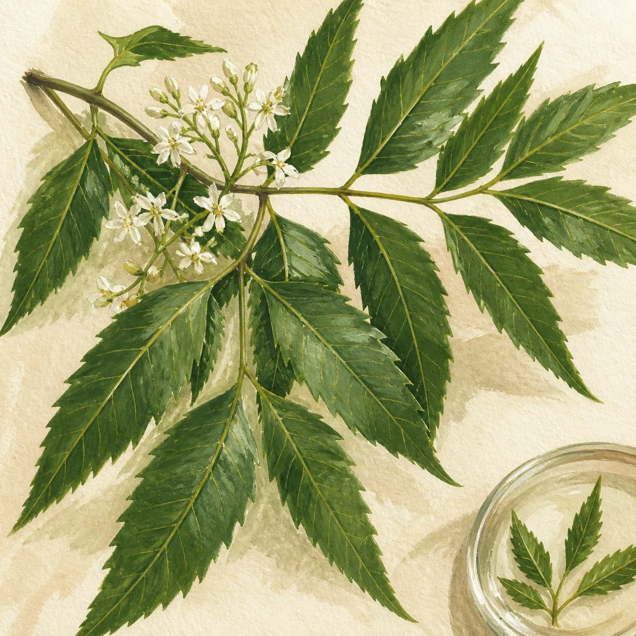 Melia Azadirachta Leaf Extract 원료와 화장품 제형 질감을 보여주는 이미지