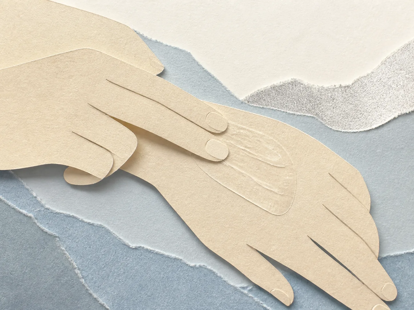 Cut-paper collage of a moisturizing serum texture being applied