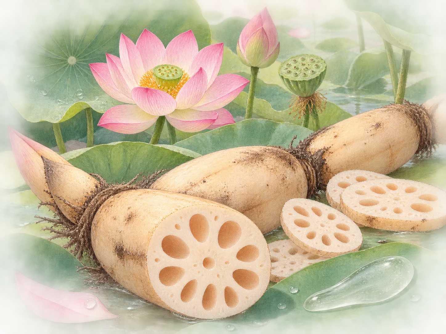 Nelumbo Nucifera Root Extract 원료와 화장품 제형 질감을 보여주는 이미지