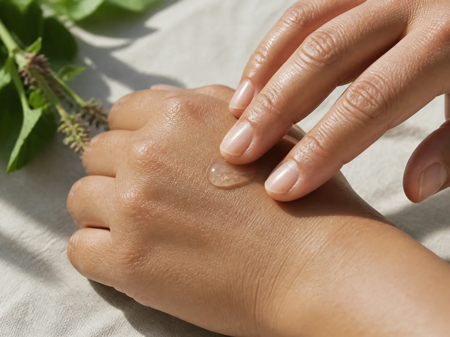 Ocimum Sanctum Leaf Extract product texture being applied to skin