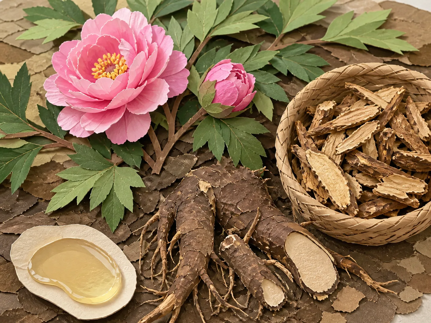 Paeonia Suffruticosa Root Extract 원료와 화장품 제형 질감을 보여주는 이미지