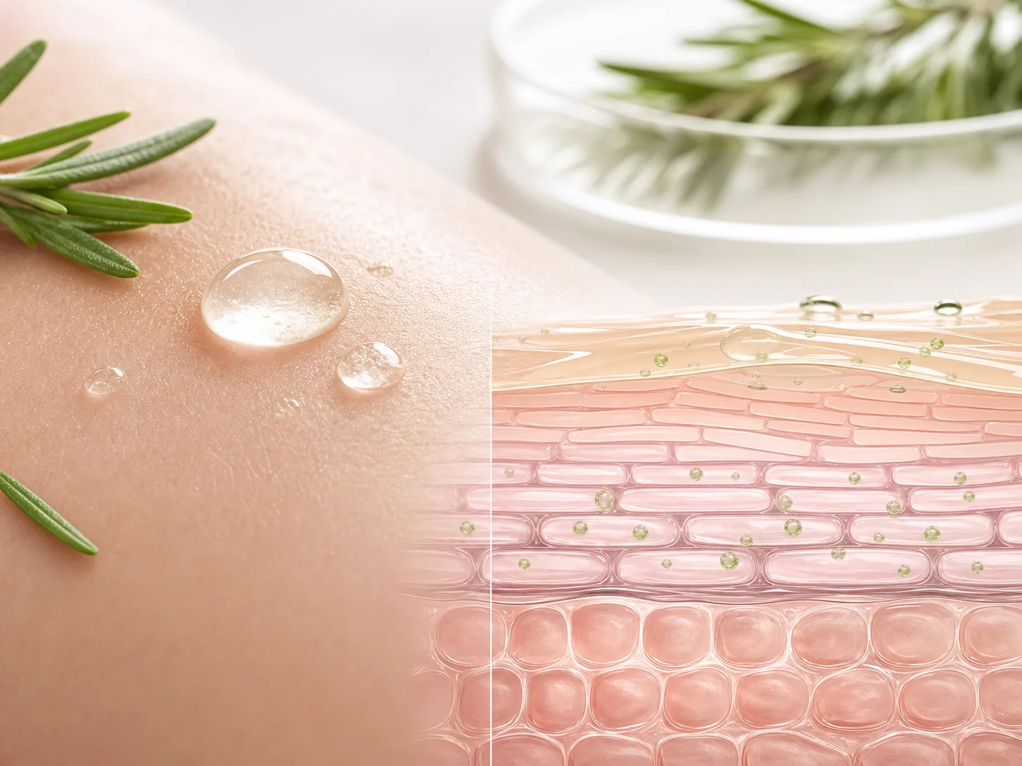 Rosmarinus Officinalis (Rosemary) Leaf Extract와 피부층 흡수 및 장벽 맥락을 설명하는 이미지