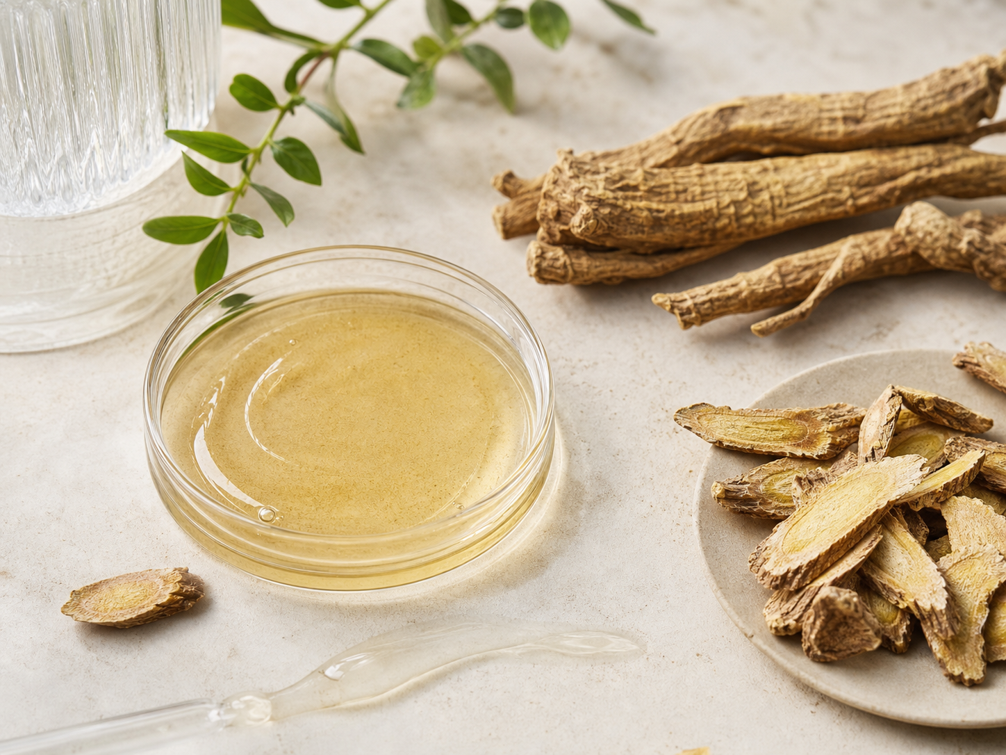 Scutellaria Baicalensis Root Extract raw cosmetic material with formulation textures