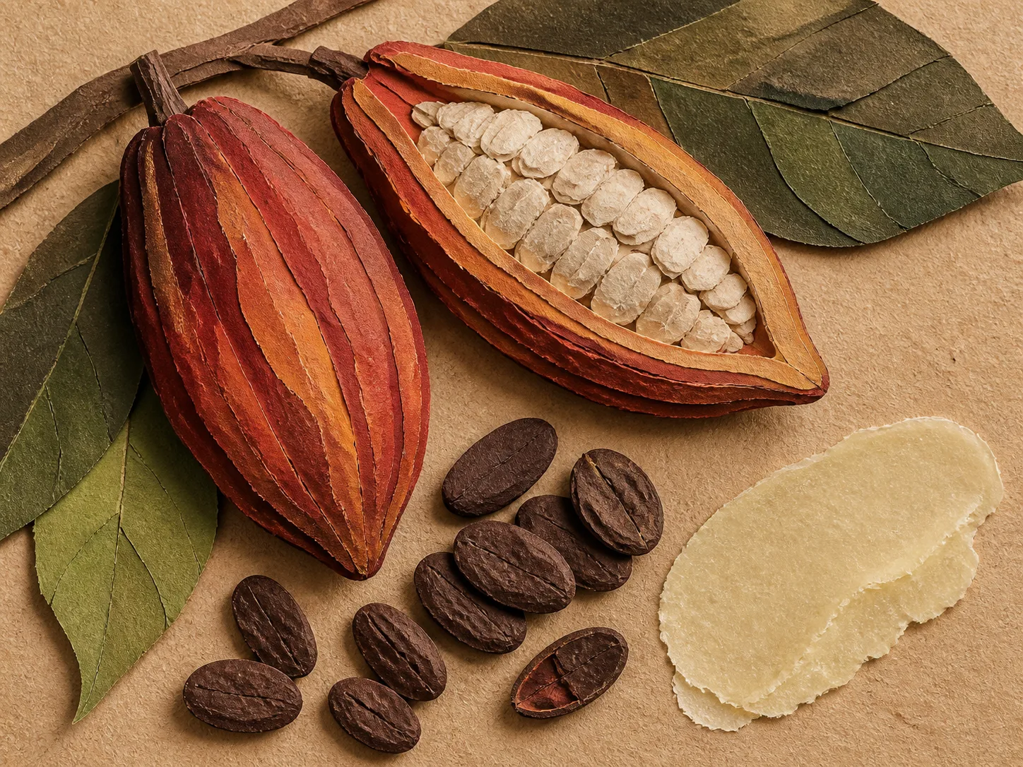 Theobroma Cacao (Cocoa) Extract 원료와 화장품 제형 질감을 보여주는 이미지