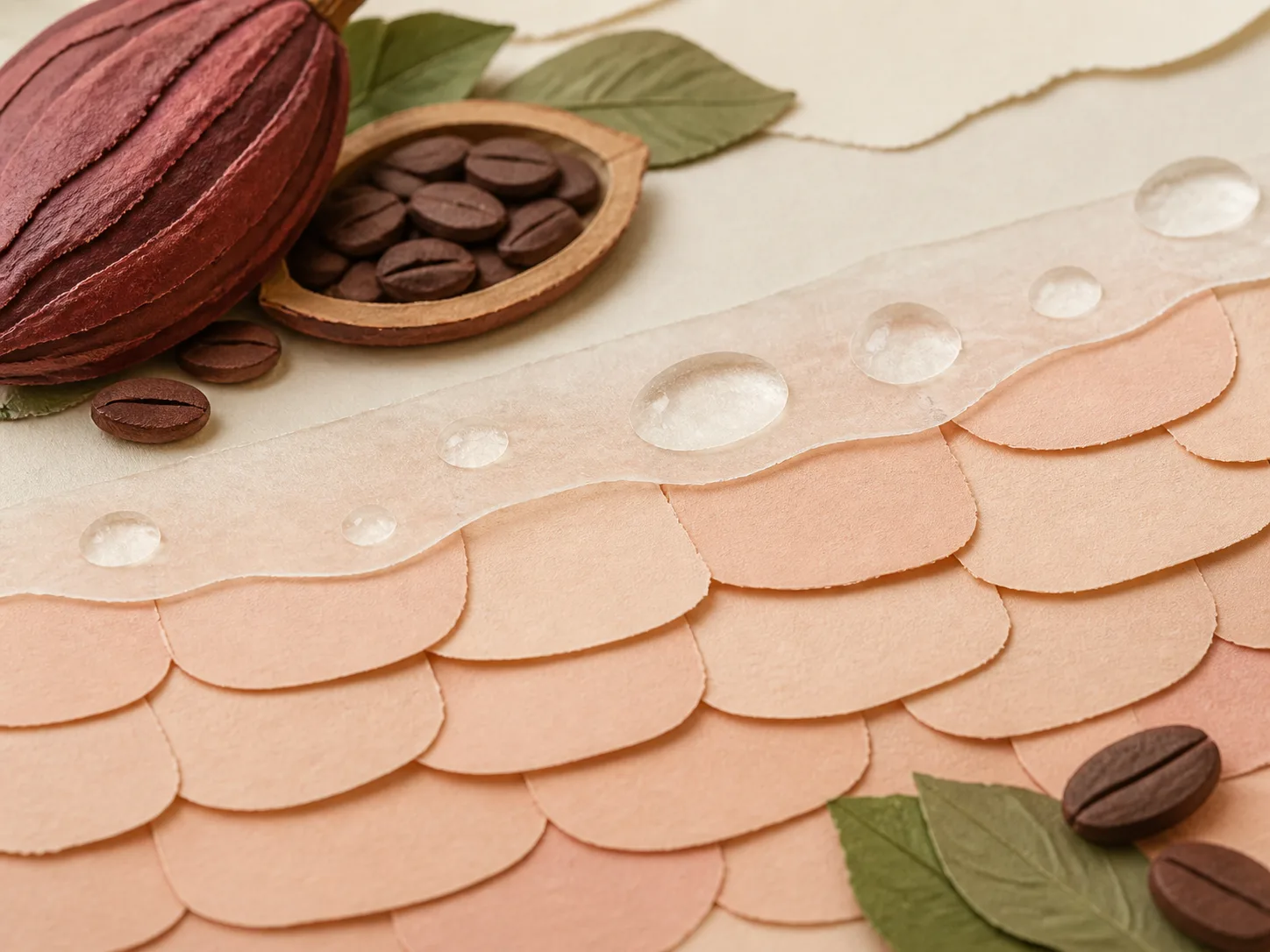 Theobroma Cacao (Cocoa) Extract와 피부층 흡수 및 장벽 맥락을 설명하는 이미지
