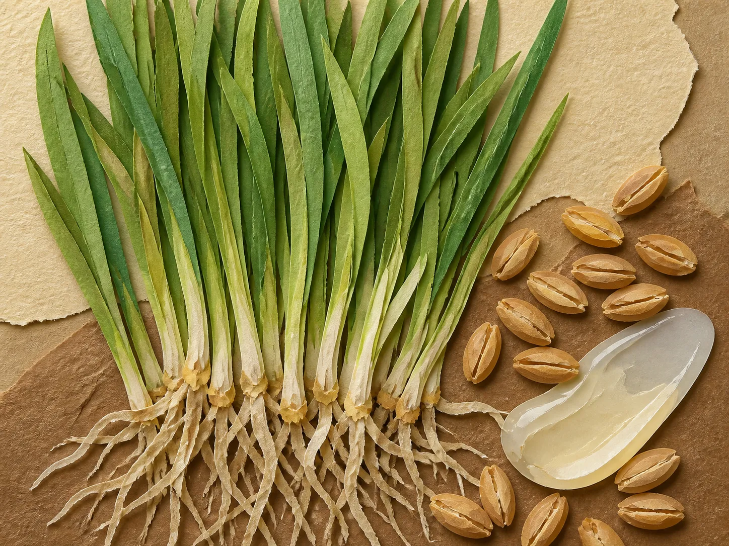 Triticum Vulgare (Wheat) Sprout Extract 원료와 화장품 제형 질감을 보여주는 이미지