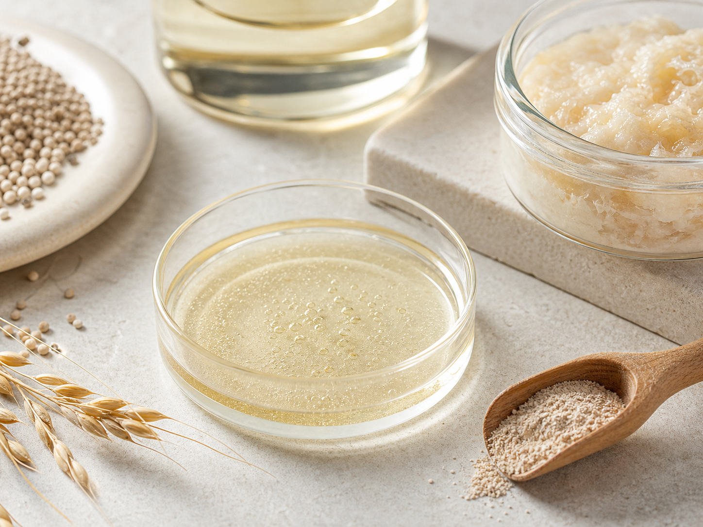 Yeast Ferment Extract 원료와 화장품 제형 질감을 보여주는 이미지