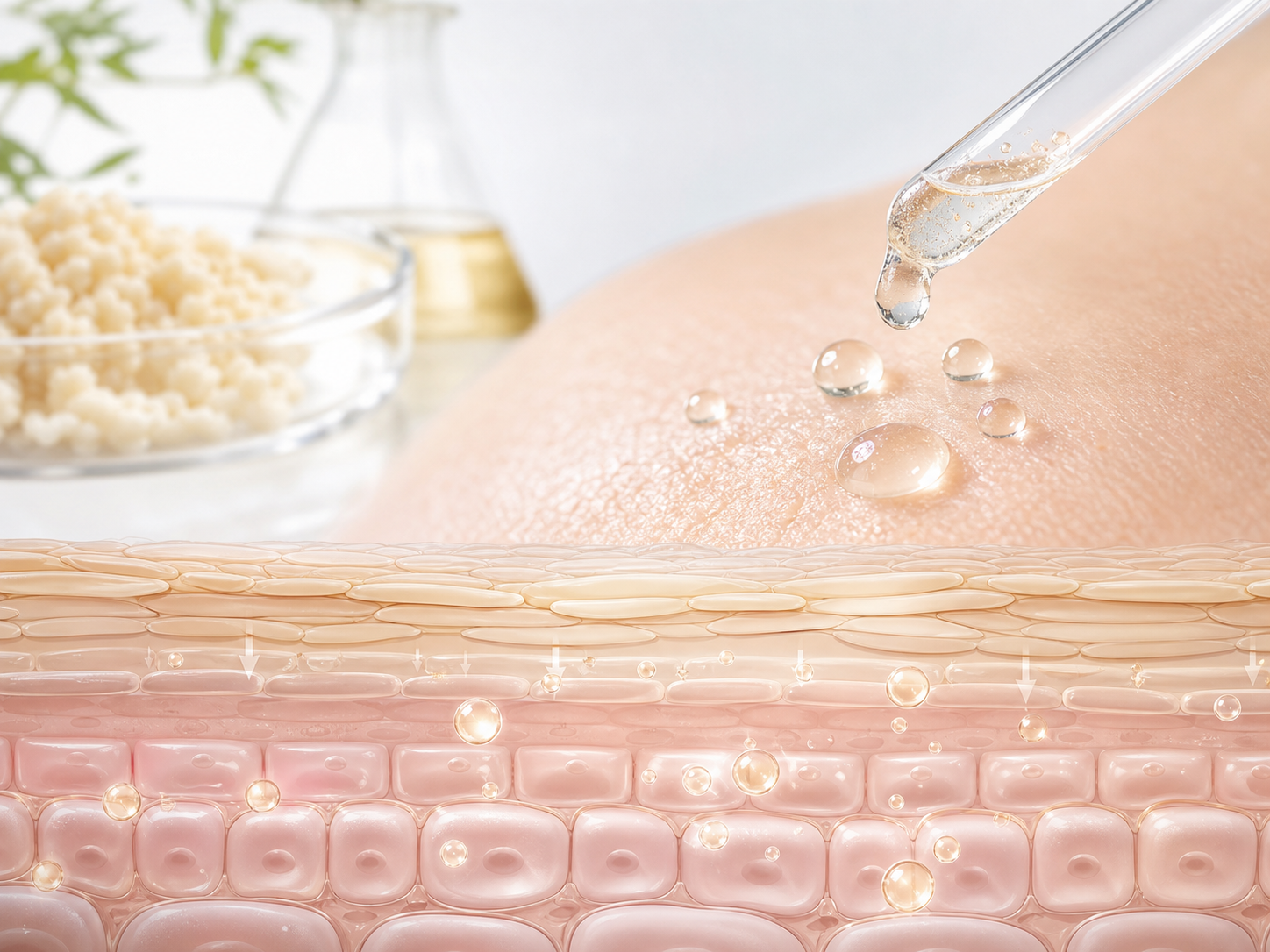 Yeast Ferment Extract와 피부층 흡수 및 장벽 맥락을 설명하는 이미지