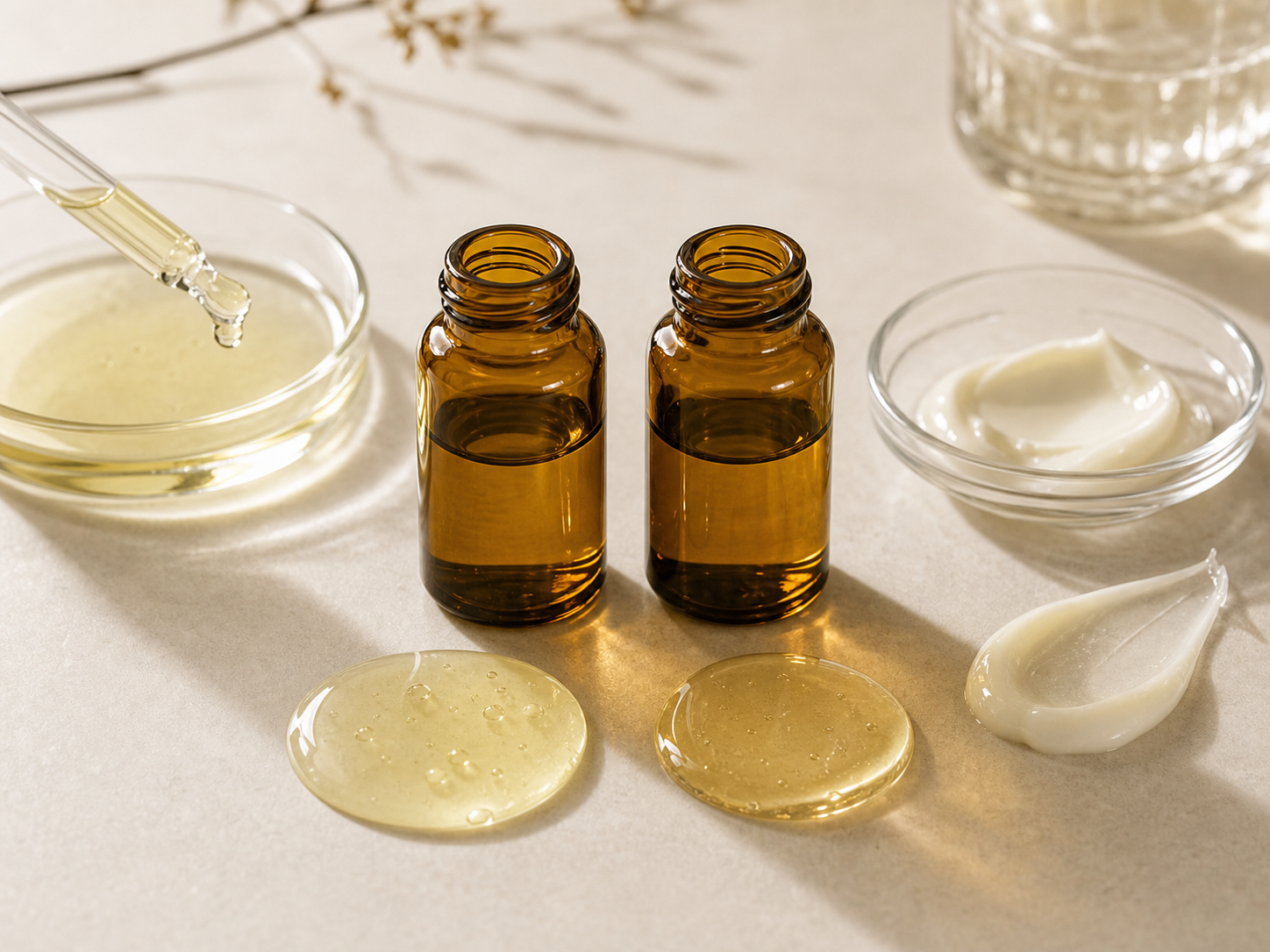 Retinol / Retinal 원료와 화장품 제형을 보여주는 실험실 이미지